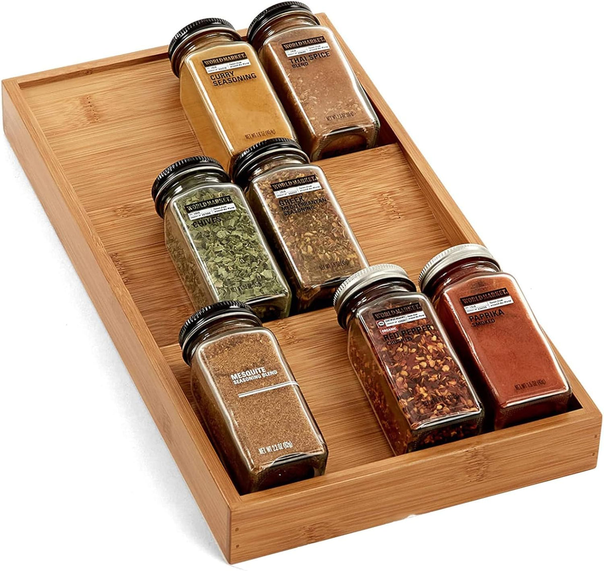 Bamboo Herb & Spice Drawer Organiser – 3 Tier holding glass jars for efficient kitchen and pantry storage organisation.