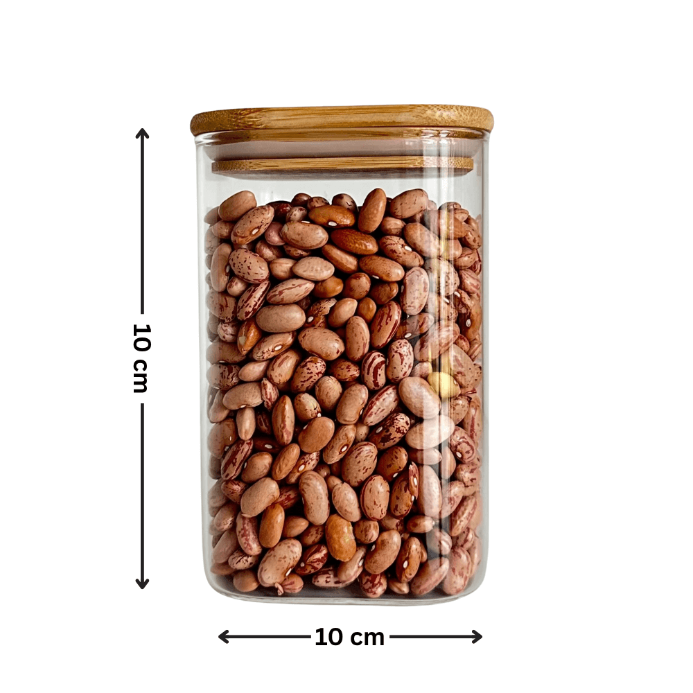 Square Bamboo Glass Pantry Jar Set – 5 Stackable Sizes with beans, ideal for pantry organisation and storage organisers in the kitchen.