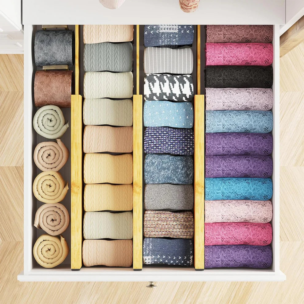 Bamboo Expandable Drawer Dividers – 4 Pack (Long) used for efficient drawer organisation, ideal for kitchen and pantry storage.