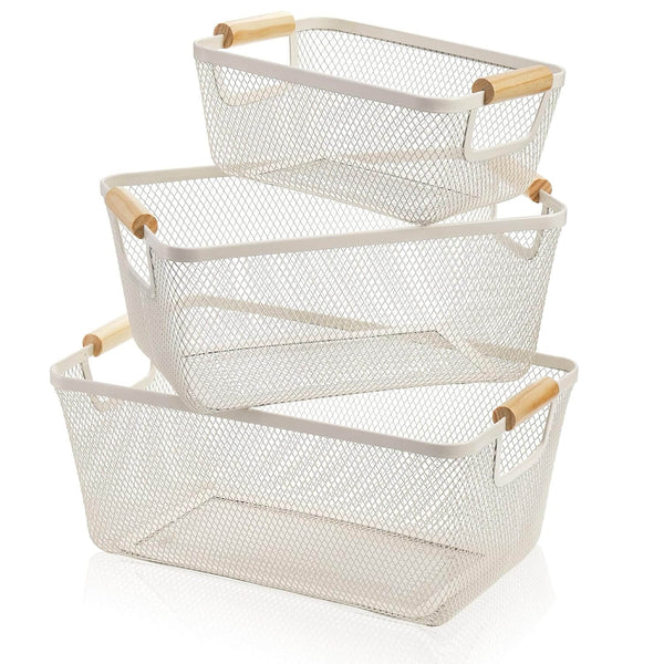 White Mesh Storage Basket with Wooden Handles, ideal for pantry or kitchen organisation, stackable for efficient storage use.