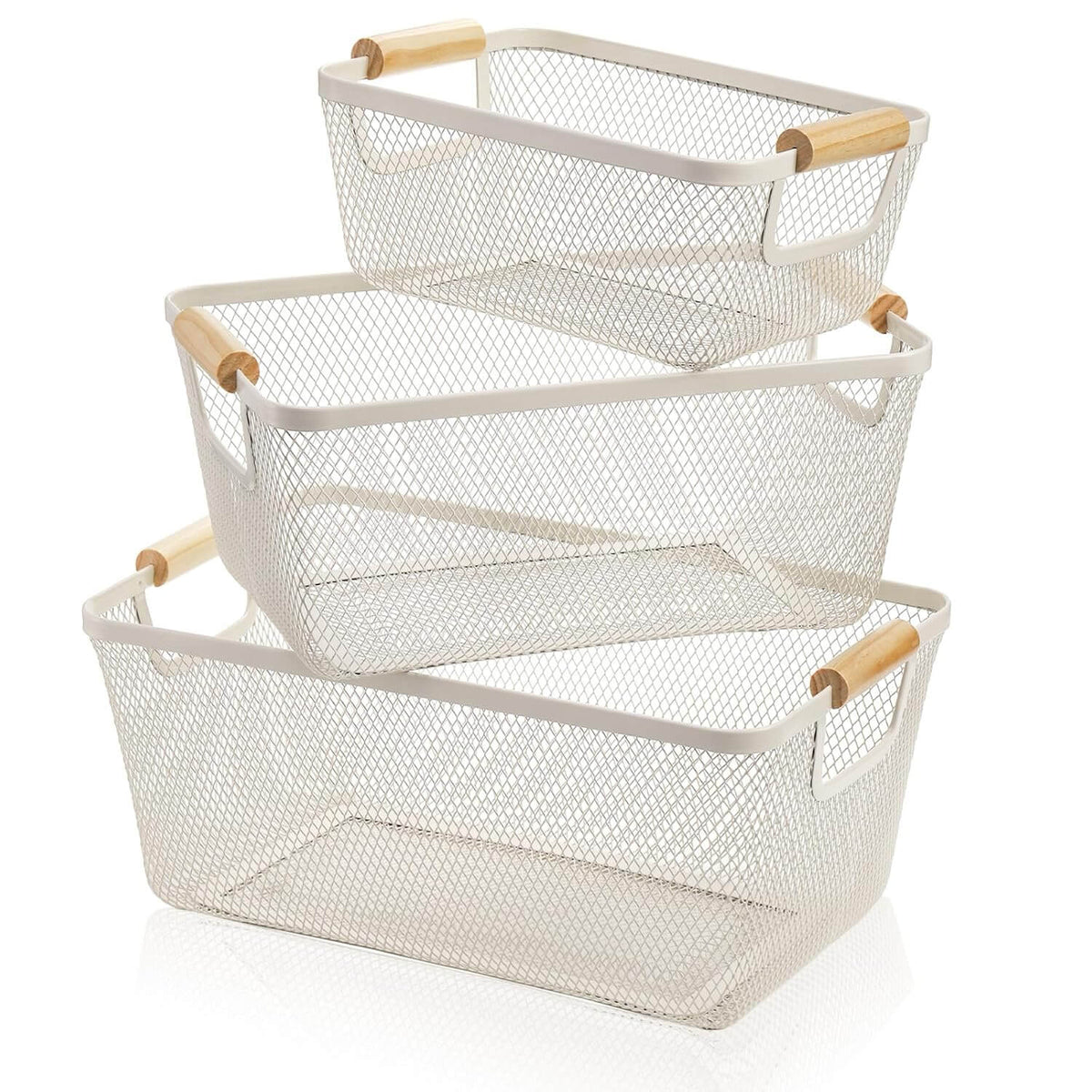 Stacked wire baskets with wooden handles for kitchen organisation. Part of the Small Pantry Reset Pack for efficient pantry storage.
