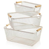 White mesh basket with wooden handles for kitchen storage, perfect for pantry or laundry organization.