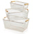 White mesh basket with wooden handles for kitchen storage, perfect for pantry or laundry organization.