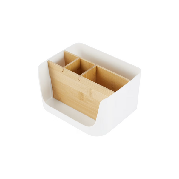 White Small Desk Caddy with Bamboo Separator