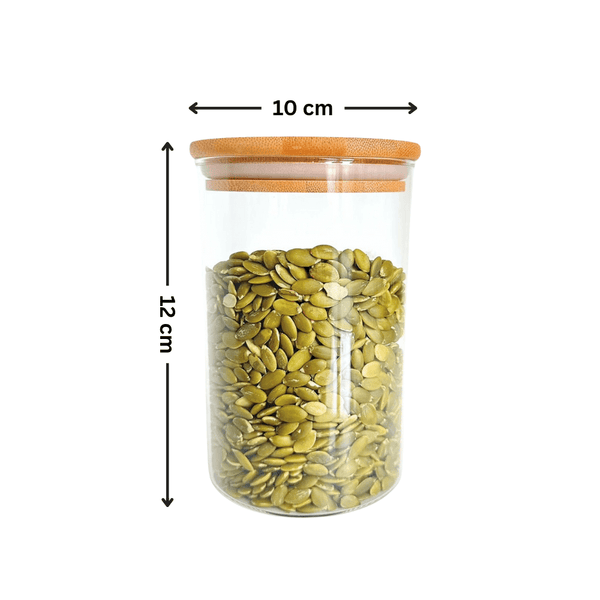 840ml glass storage jar with bamboo lid, perfect for kitchen pantry organisation, featuring space-saving, stylish home storage solutions.