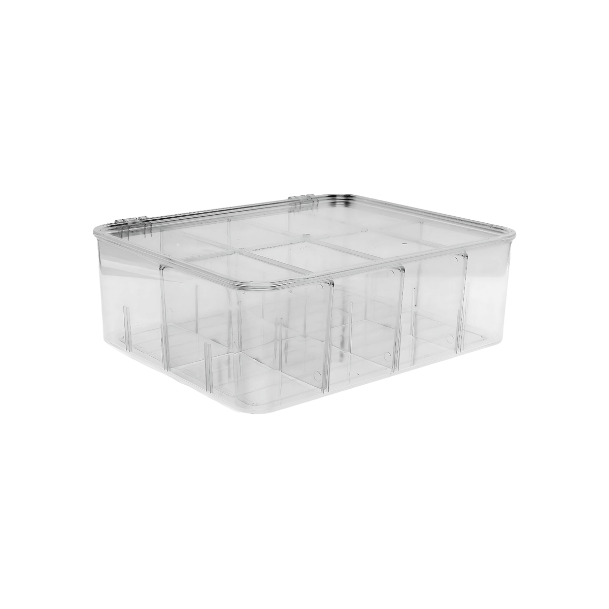 Clear Multi-Use Storage Box with Dividers for kitchen organisation. Ideal for drawer organisers or pantry storage solutions.
