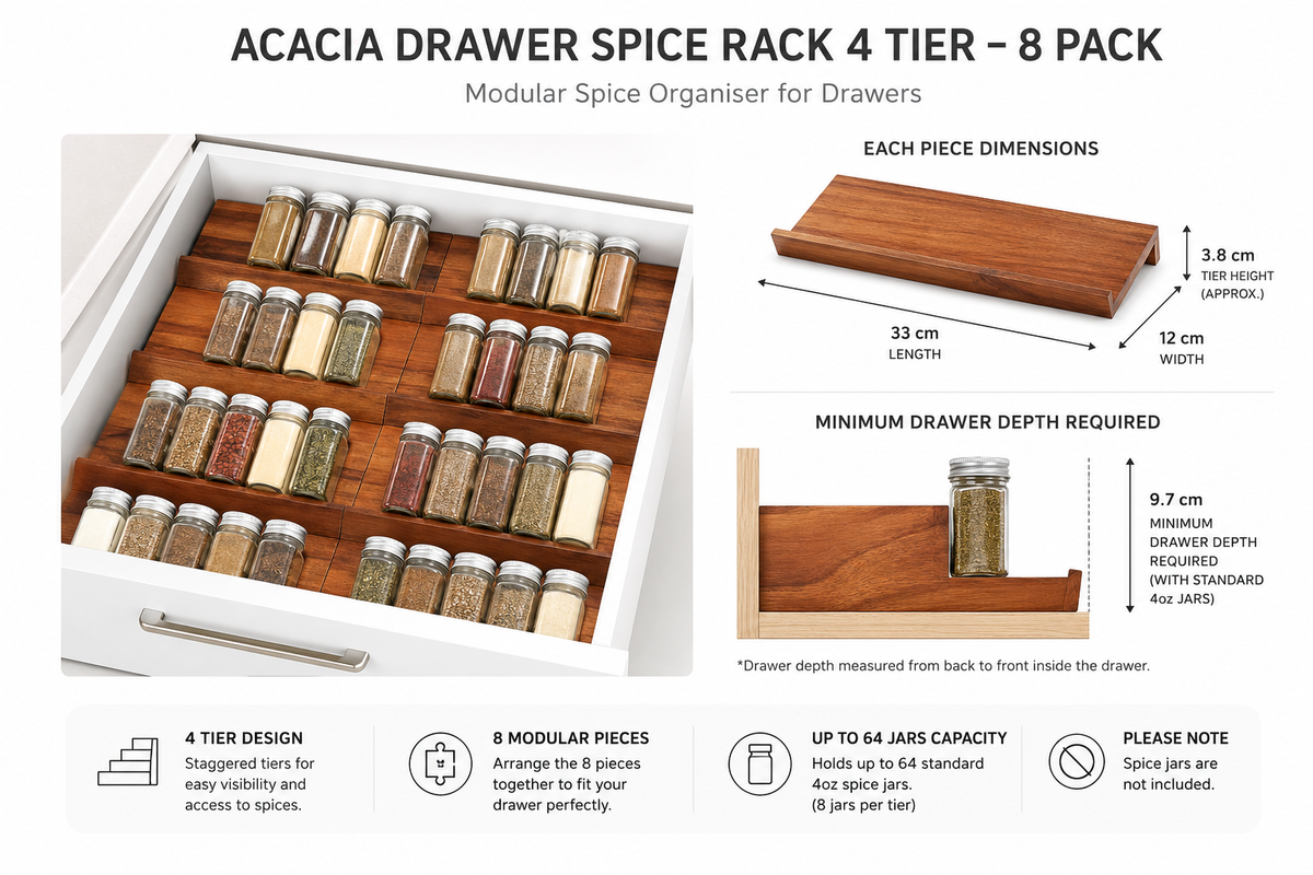 Acacia Drawer Spice Rack 4 Tier - 8 Pack