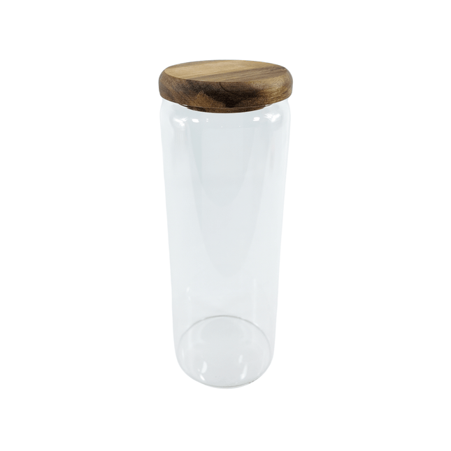 Clear glass jar with wooden lid from Acacia Glass Jar Deluxe Pantry – 21 Pack, ideal for pantry organisation in the kitchen.