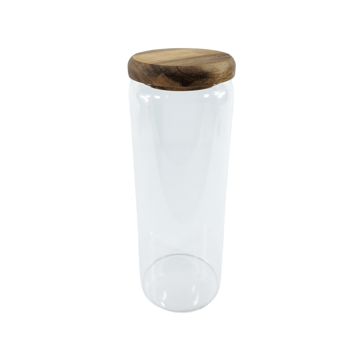 Clear glass jar with wooden lid from Acacia Glass Jar Deluxe Pantry – 21 Pack, ideal for pantry organisation in the kitchen.