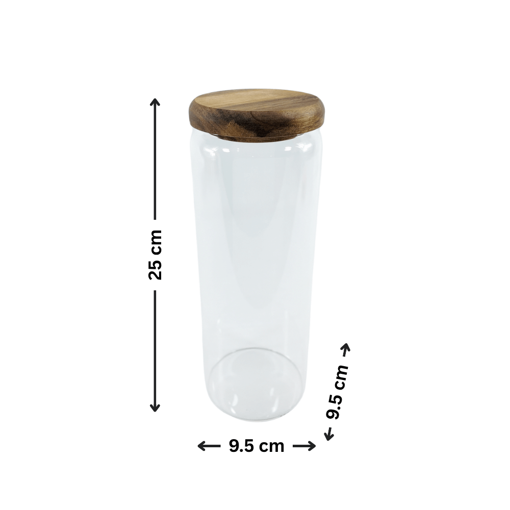 Acacia Glass Jar Deluxe Pantry – 21 Pack shown for kitchen storage and pantry organisation, featuring a 9.5cm wide, 25cm tall design.