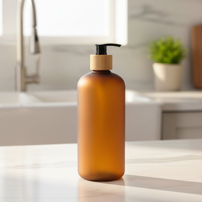 Amber Frost Pump Bottle – 500 ml refillable dispenser for kitchen storage and organisation, enhances eco-friendly pantry organisation.