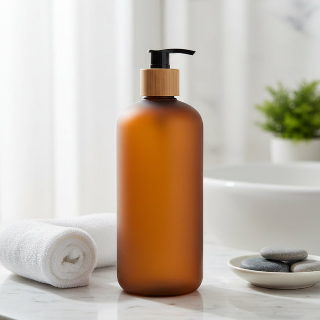 Amber Frost Pump Bottle – 500 ml Refillable Dispenser for stylish kitchen and bathroom organisation.