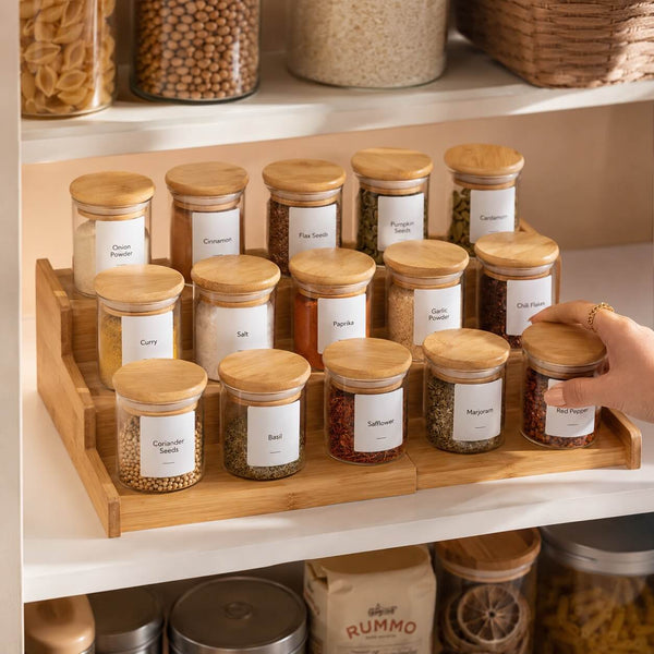 Bamboo 3-Tier Spice Rack with 15 Glass Jars – 120ml