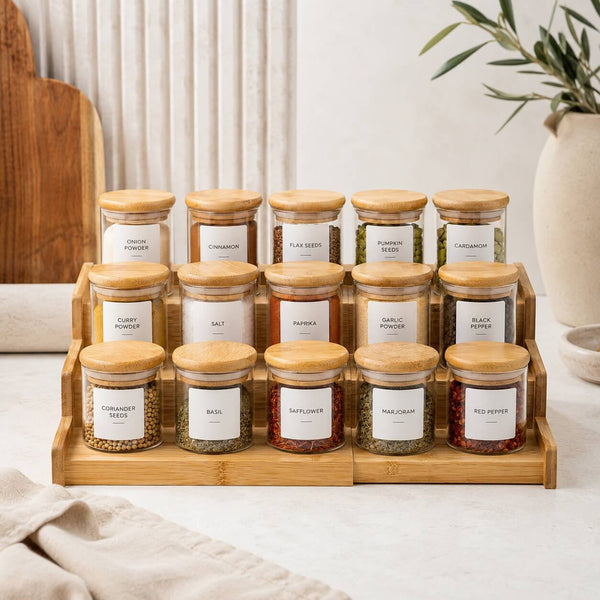 Bamboo 3-Tier Spice Rack with 15 Glass Jars – 120ml