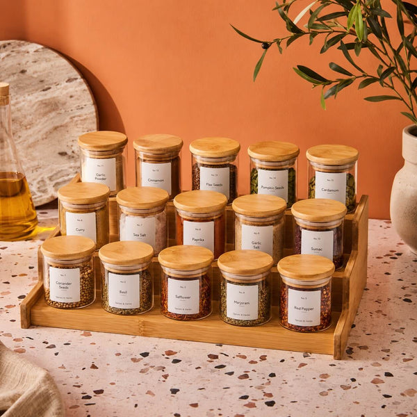 Bamboo 3-Tier Spice Rack with 15 Glass Jars – 120ml