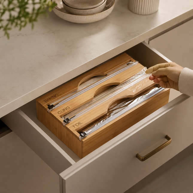 A bamboo kitchen organizer drawer pull with three slots for aluminum foil, shown being opened in a light wood drawer. A hand is visible pulling clear plastic wrap from one of the foil slots.
