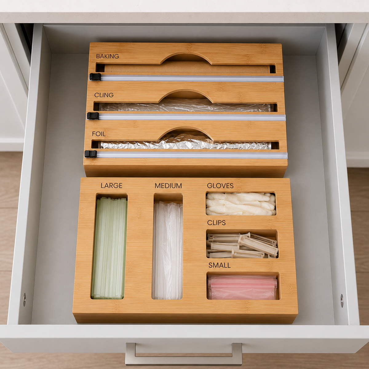 Bamboo Food Wrap Dispenser & Sandwich Bag Organiser Pack