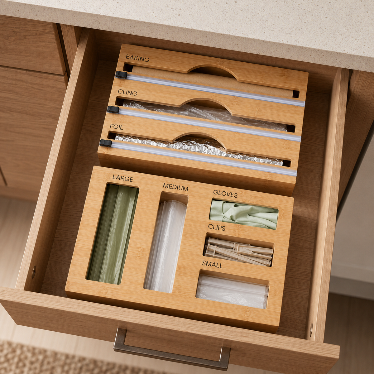 Bamboo Food Wrap Dispenser & Sandwich Bag Organiser Pack