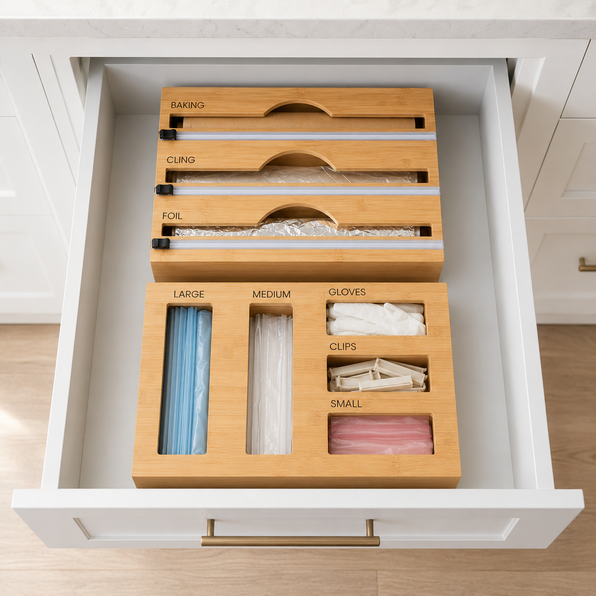 Bamboo Food Wrap Dispenser & Sandwich Bag Organiser Pack