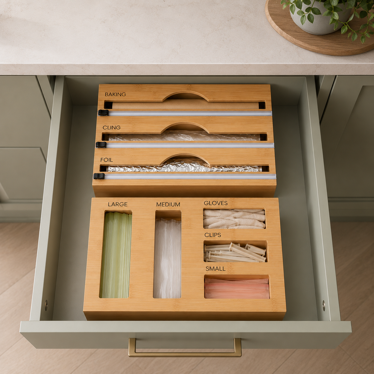 Bamboo Food Wrap Dispenser & Sandwich Bag Organiser Pack