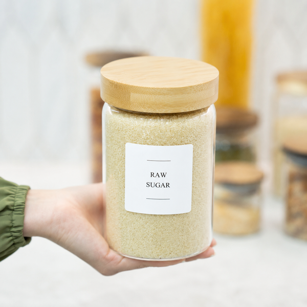 Hand holding a jar of raw sugar with a wooden lid on a light background