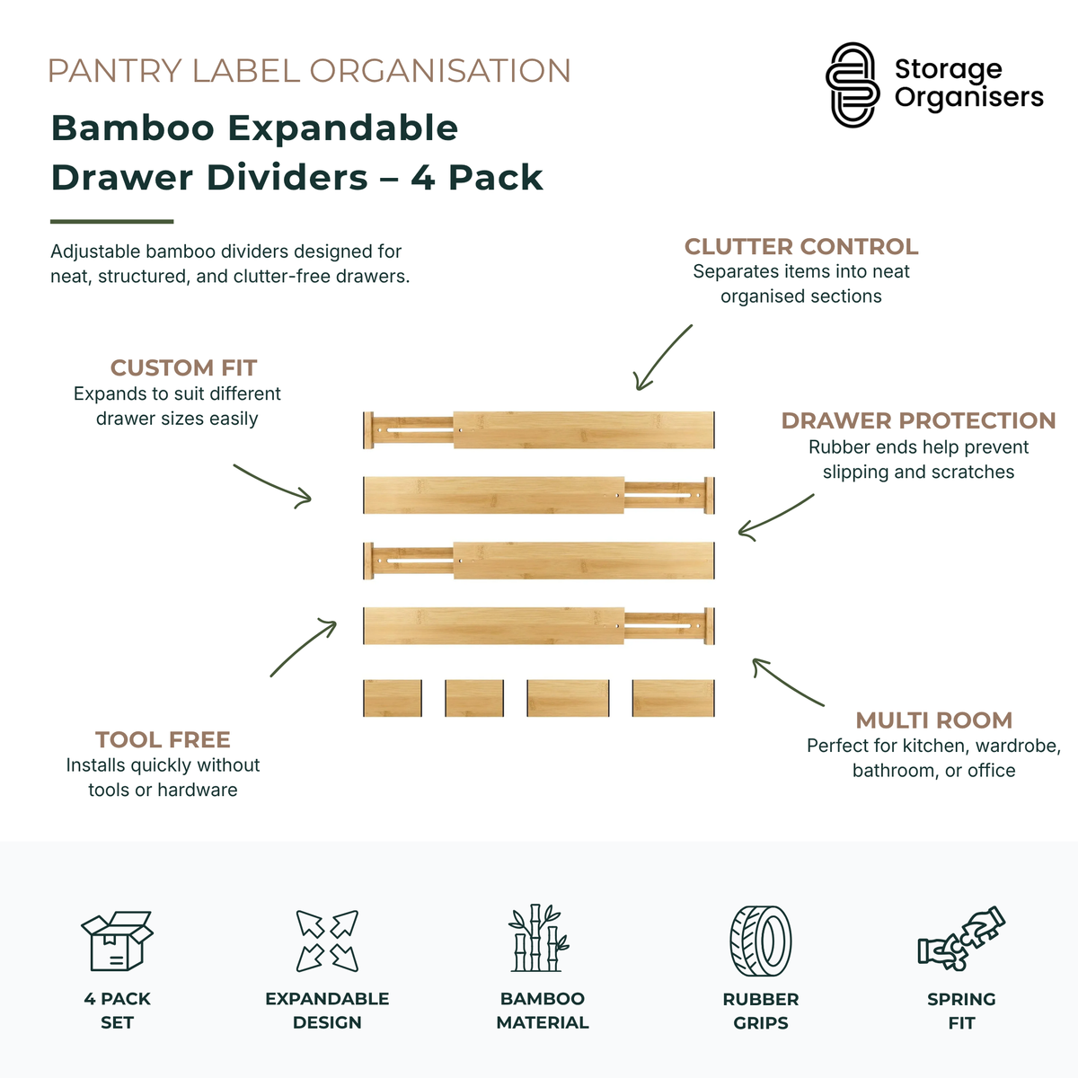 Bamboo Drawer Dividers Expandable - 4 Pack