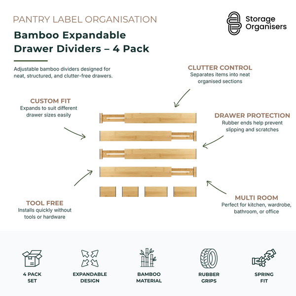Bamboo Expandable Drawer Dividers – 4 Pack