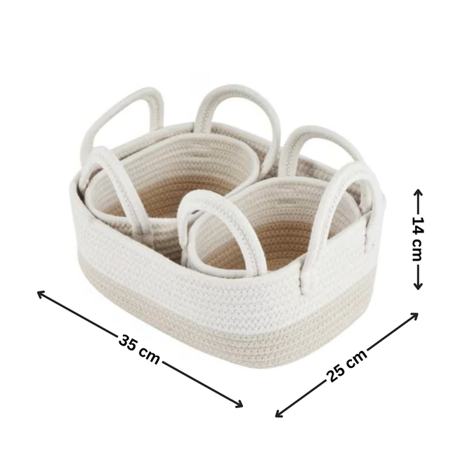 Beige storage baskets - 3 Pack, versatile for kitchen organisation, perfect for storing baby essentials or pantry items.