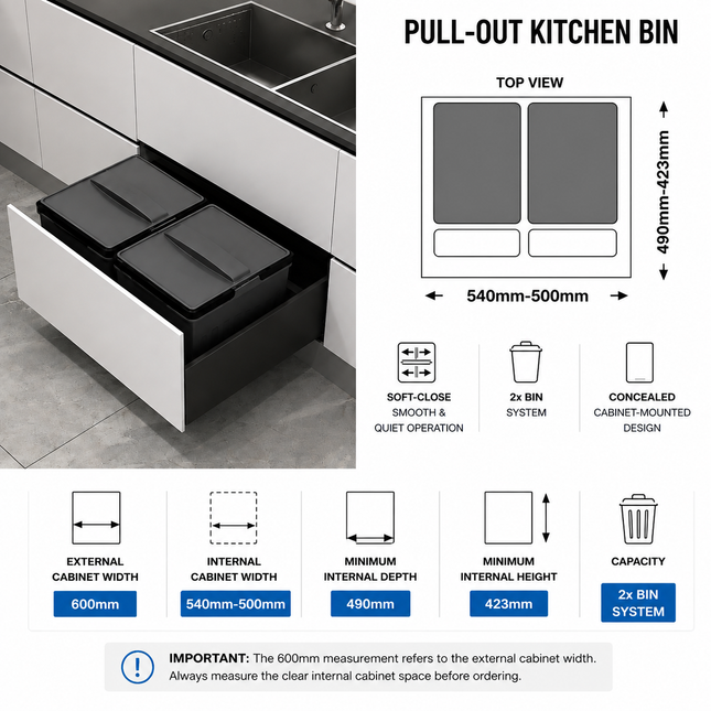 Bin 35L for 600mm Cabinet – Blum Compatible