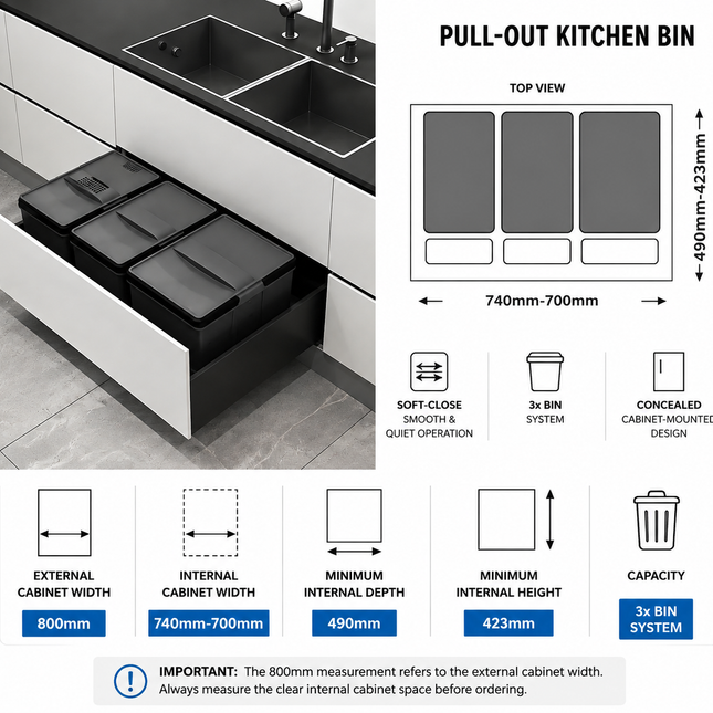 Bin for 800mm Cabinet – Blum Compatible - 50L Kitchen