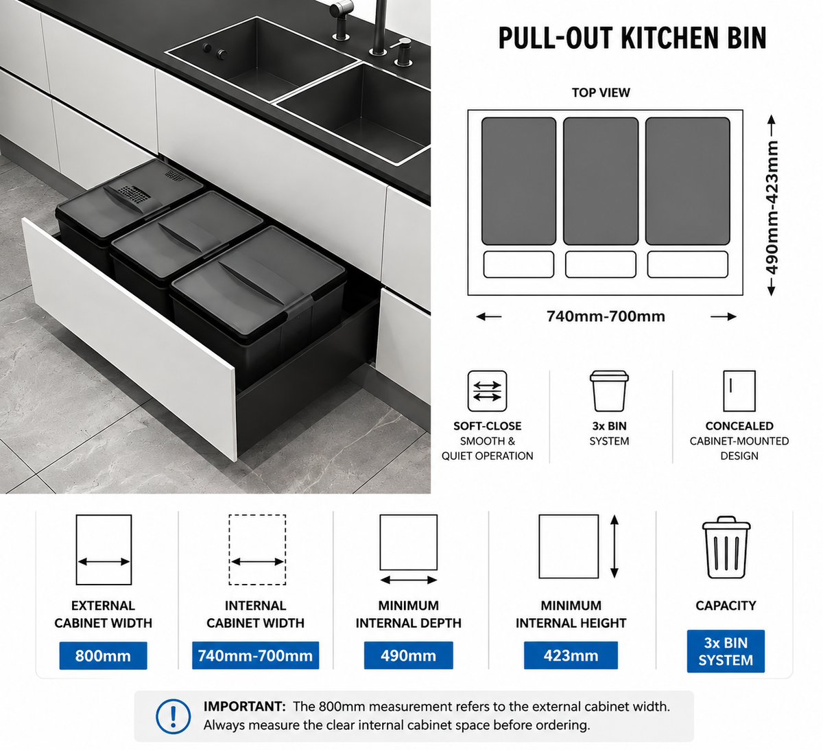 Bin for 800mm Cabinet – Blum Compatible - 50L Kitchen