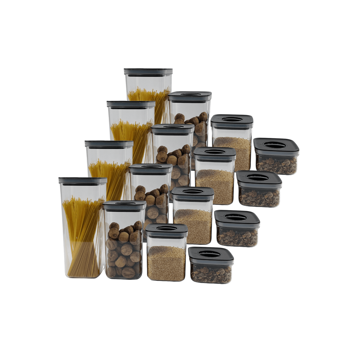 Black Twist Canister Value Pack x 16 for pantry organisation, perfect storage organisers for kitchen essentials like pasta and grains.
