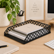 Black Metal Document Tray for Desk Organisation holding notebooks on a desk