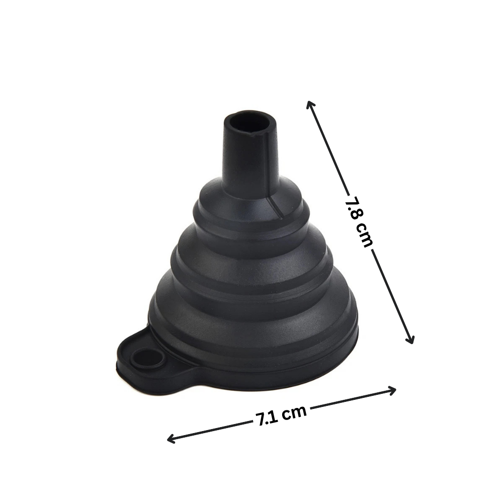 Black Foldable Silicone Funnel for Jars & Liquids in kitchen, ideal for pantry organisation and under sink storage, enhancing kitchen efficiency.