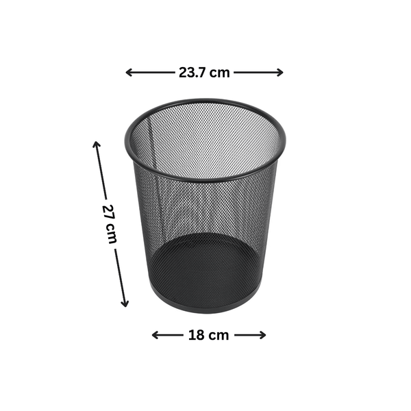 Black mesh metal bin for efficient waste disposal, ideal for kitchen and bathroom organization.