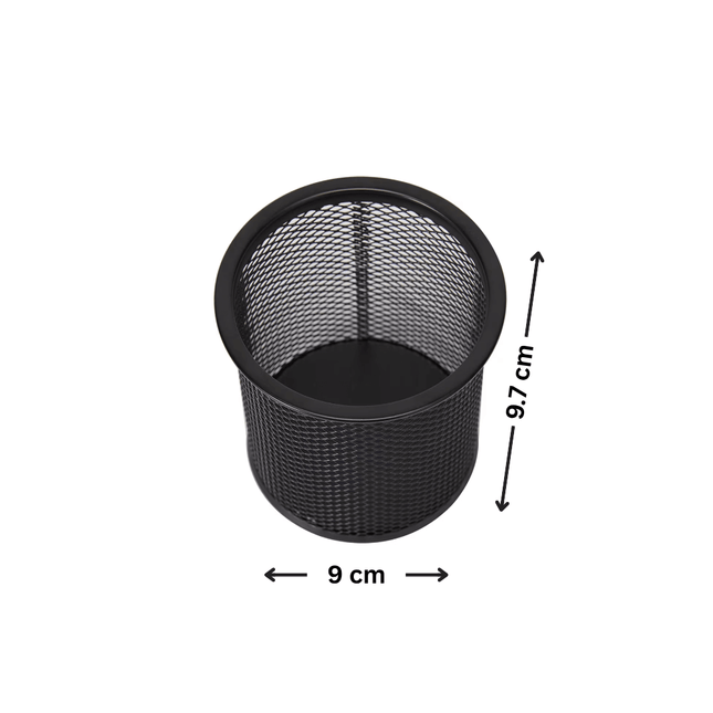 Black Mesh Pen Cup for Desk Organisation, ideal for kitchen, pantry, or drawer as a versatile storage organiser. Dimensions 9cm x 9.7cm.