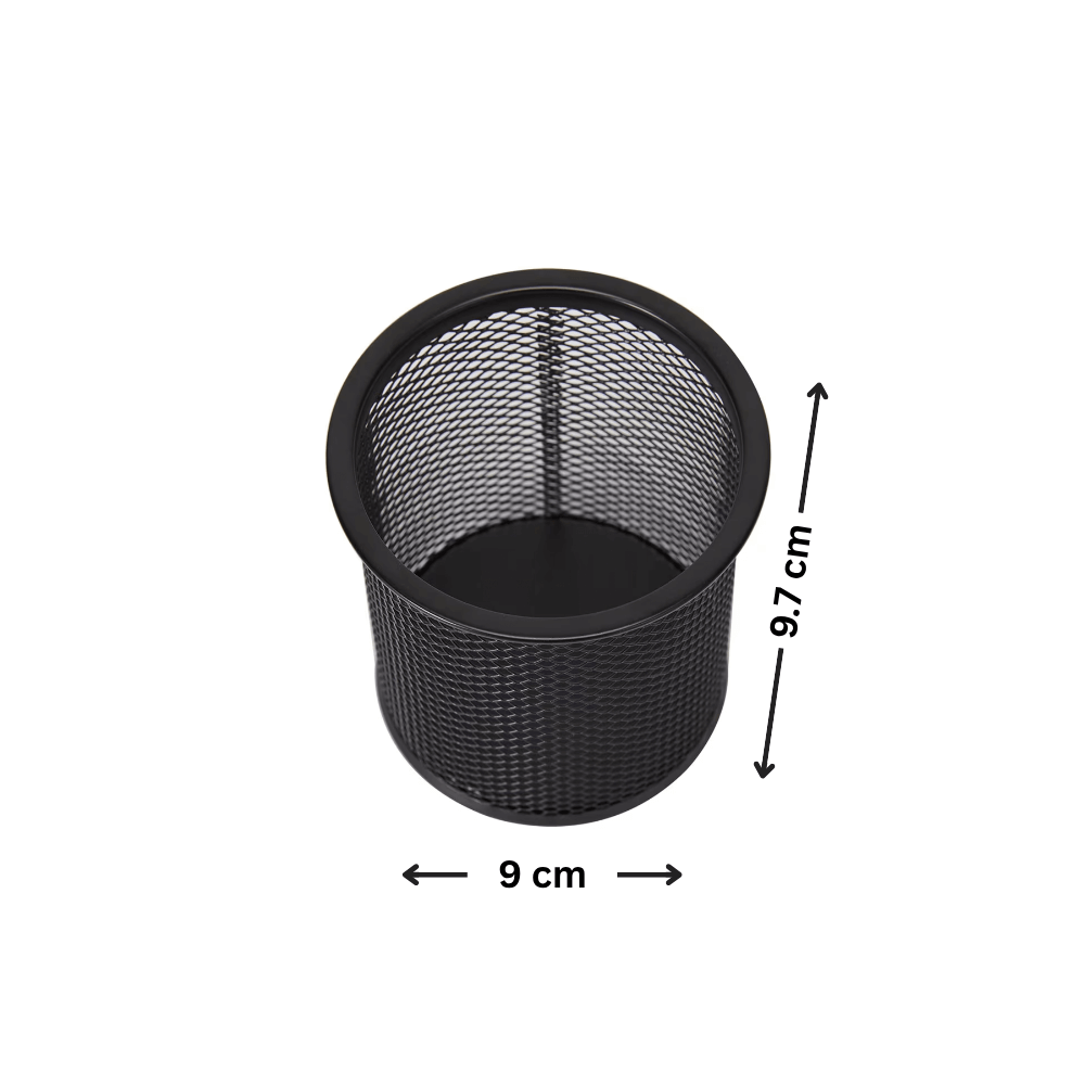 Black Mesh Pen Cup for Desk Organisation, ideal for kitchen, pantry, or drawer as a versatile storage organiser. Dimensions 9cm x 9.7cm.
