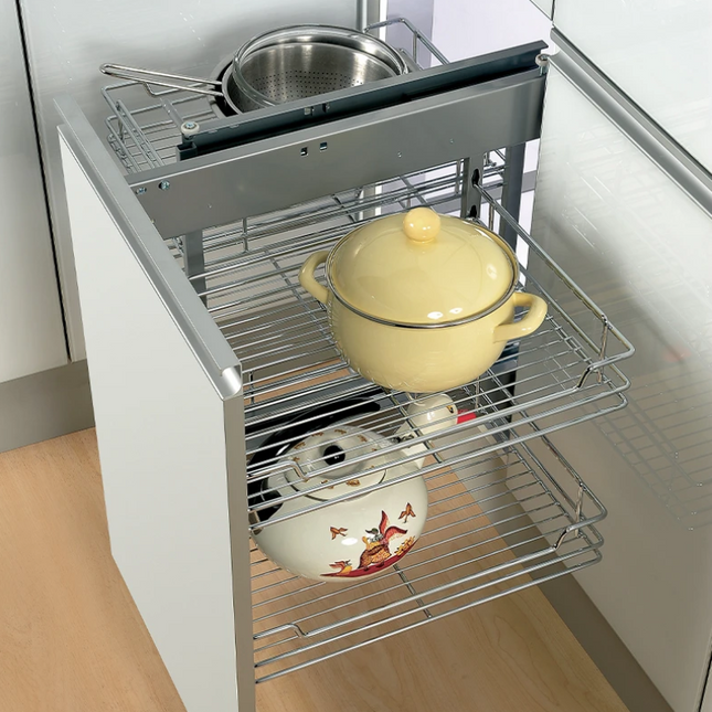 Blind Corner Cabinet Organizer – Chrome Full Access Unit with kitchen storage organisers, showcasing pots and kitchenware efficiently.