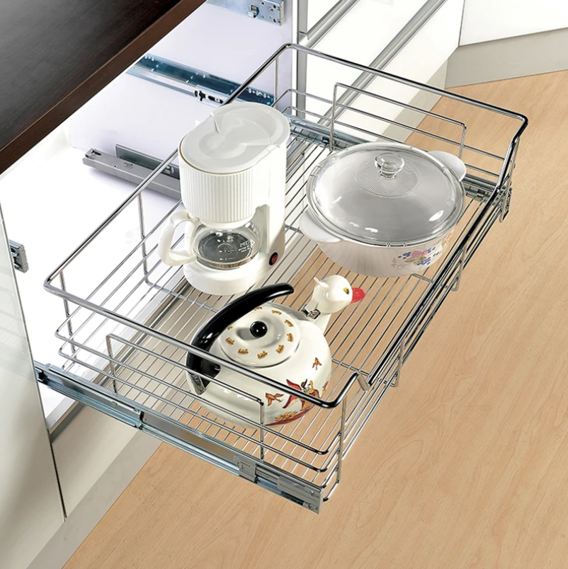 Chrome Wire Pull-Out Baskets – Fits 400mm Cabinet showcasing kitchen organisation with utensils stored neatly in a cabinet.