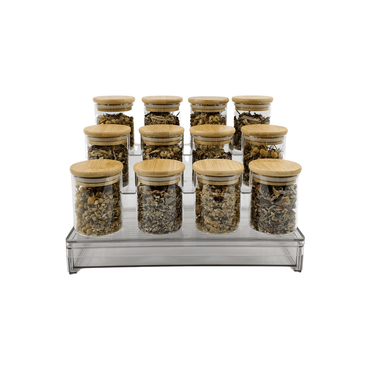 Clear Herb & Spice Rack with Drawer featuring glass jars for kitchen and pantry storage organisation, ideal for keeping spices neat.