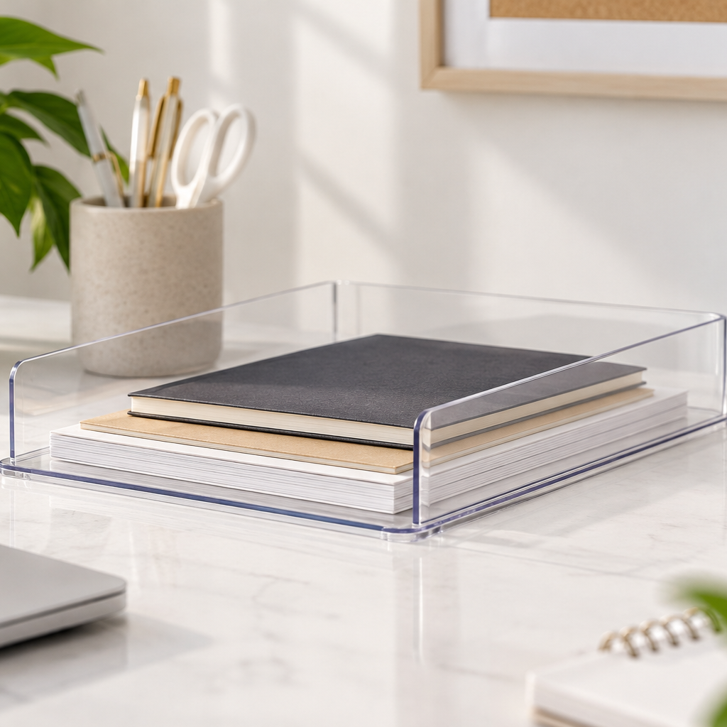 Clear PET Document Tray for Desk Organisation holding notebooks on a desk