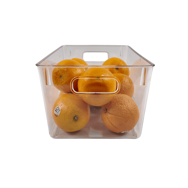 Extra-large clear storage tub for fridge, storing oranges; ideal space-saving fridge container.
