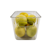 Transparent fridge organiser bin from 14-Piece Fridge Organisation Starter Pack filled with lemons for kitchen storage.