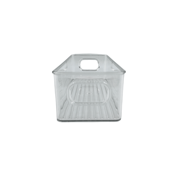 Clear mini storage tub for pantry organization, ideal for fridge or kitchen use.