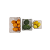 Clear fridge storage tubs filled with oranges, broccoli, and lemons; ideal kitchen organizers.