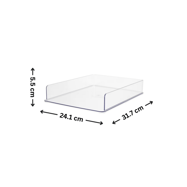Clear PET Document Tray for Desk Organisation, ideal for office storage, enhancing desk organisation with practical dimensions.