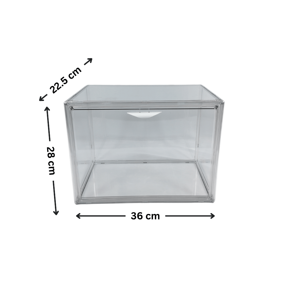Clear Plastic Bread Box for kitchen organisation, ideal pantry storage organiser with transparent design, size 36x28x22.5 cm.