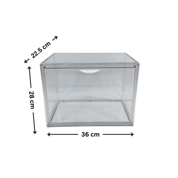 Clear plastic bread box for kitchen storage, featuring minimalist design and dimensions, ideal for home organization and space-saving solutions.
