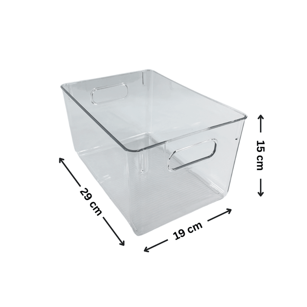 XL clear storage tub with handles, ideal for pantry organization and space-saving.
