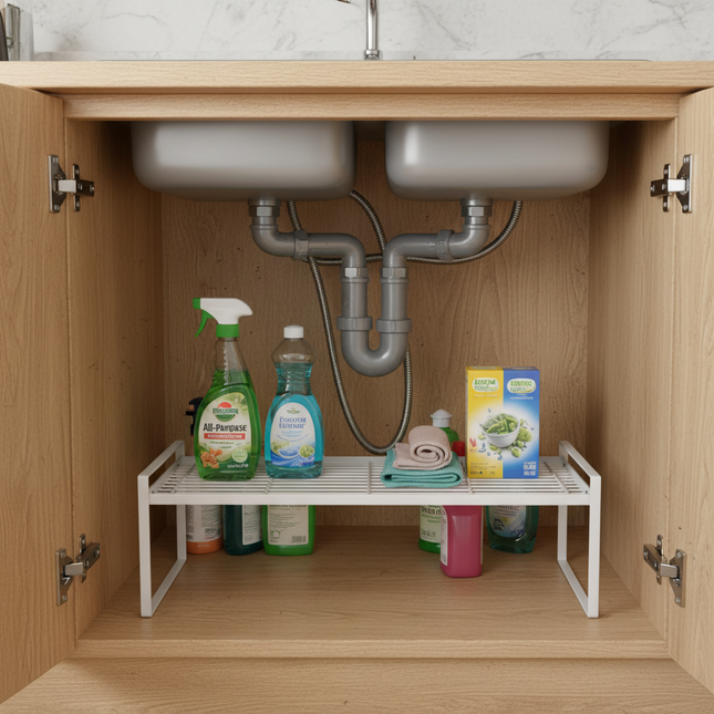 Metal Under Sink Shelf – White used for kitchen organisation, showcasing cleaning supplies neatly arranged in under sink storage.